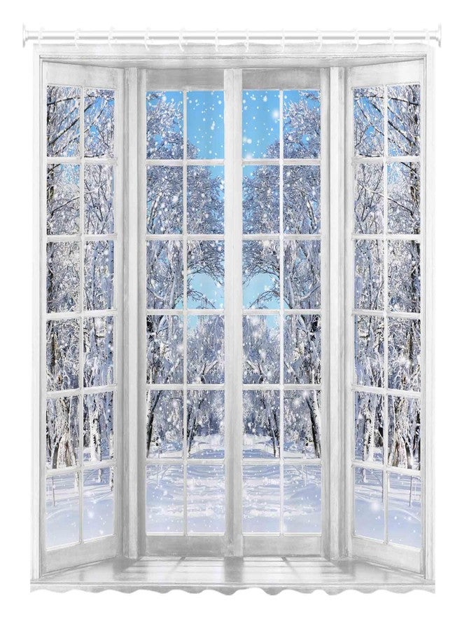 Funnytree 72" x 72" Winter Window Shower Curtain Set with 12 Hooks Christmas Snowy Scenery Forest Nature Bathroom Waterproof Bathtub Home Decor - Image 1