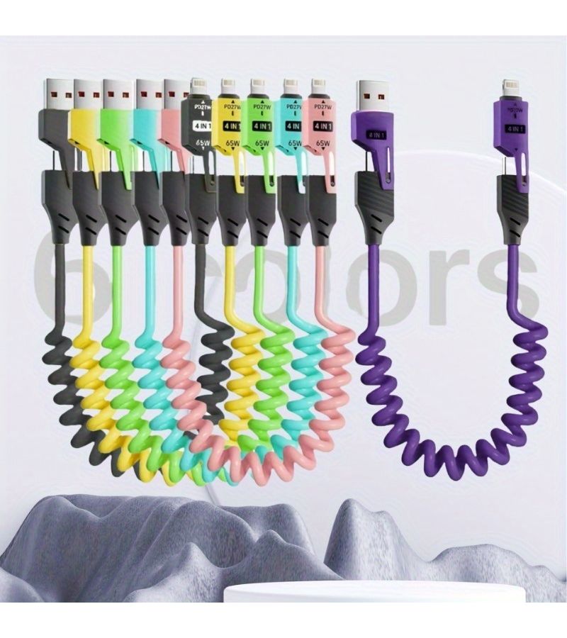 كابل شحن USB-C قابل للسحب 27 واط وردي سريع الشحن 4 في 1 مع مؤشر LED - Image 4
