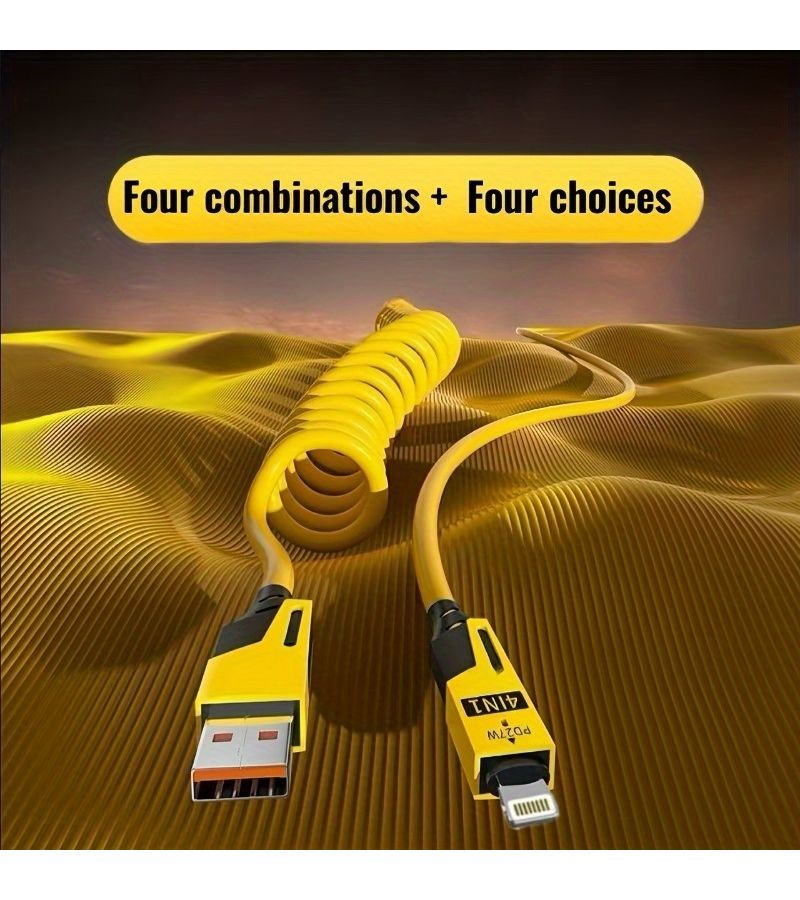 كابل شحن USB-C قابل للسحب 27 واط وردي سريع الشحن 4 في 1 مع مؤشر LED - Image 1