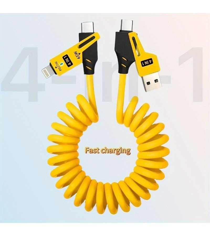 كابل شحن USB-C قابل للسحب 27 واط وردي سريع الشحن 4 في 1 مع مؤشر LED - Image 3