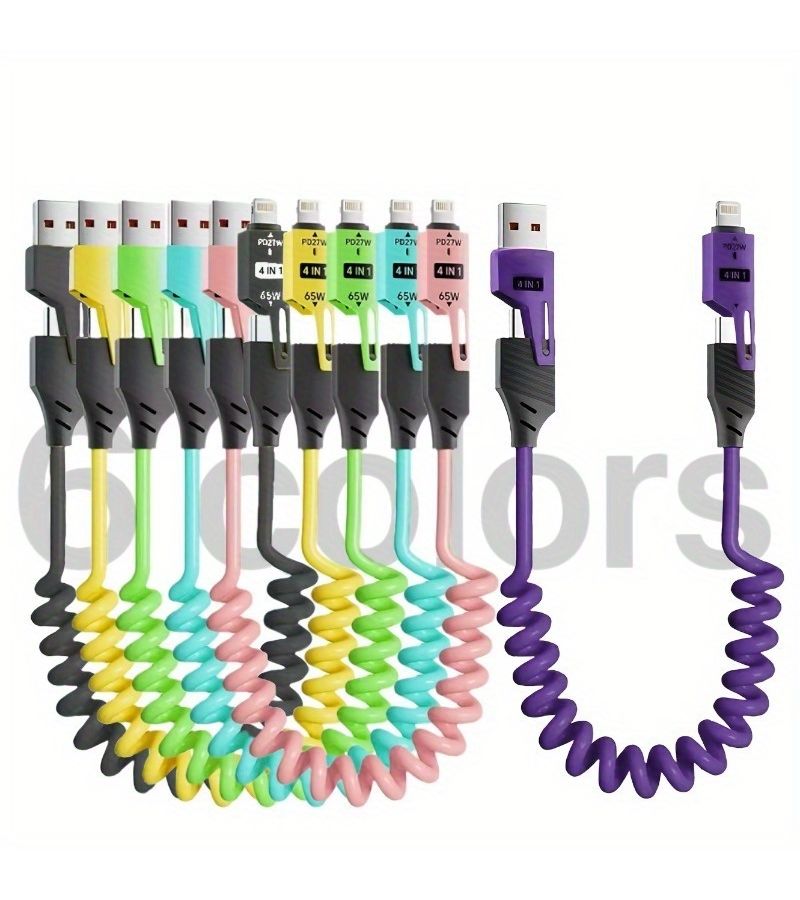 كابل شحن USB-C قابل للسحب 27 واط وردي سريع الشحن 4 في 1 مع مؤشر LED - Image 2