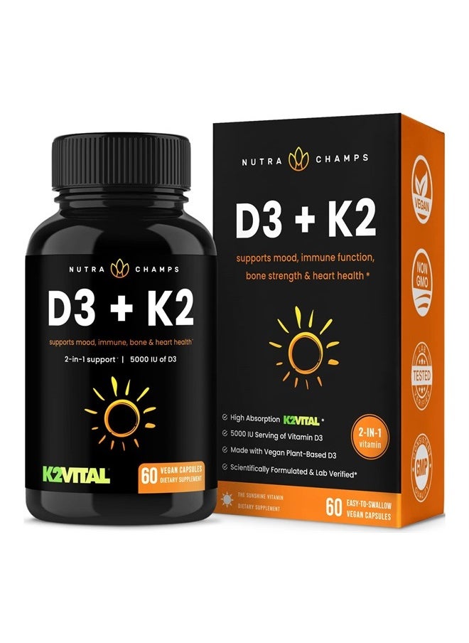NutraChamps D3 with K2 MK7 Supplement for Heart & Bone Health | Vitamin D & K Complex | 5000 IU of Vitamin D 3 & 100 mcg of Vitamin K 2 MK-7 | 60 Vitamin K2 D3 Capsules  - Image 1