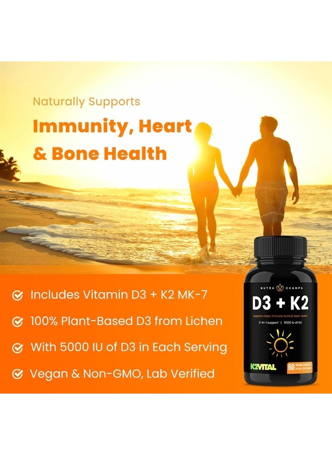 NutraChamps D3 with K2 MK7 Supplement for Heart & Bone Health | Vitamin D & K Complex | 5000 IU of Vitamin D 3 & 100 mcg of Vitamin K 2 MK-7 | 60 Vitamin K2 D3 Capsules  - Image 3
