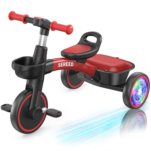 SEREED Colorful Lighting Toddler Tricycle for 25 Years Old Boys Girls Adjustable SeatHandlebar Trike Removable Basket Birthday Gift Idea for Kids Ages 2 Red Black - Image 1