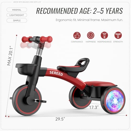 SEREED Colorful Lighting Toddler Tricycle for 25 Years Old Boys Girls Adjustable SeatHandlebar Trike Removable Basket Birthday Gift Idea for Kids Ages 2 Red Black - Image 5