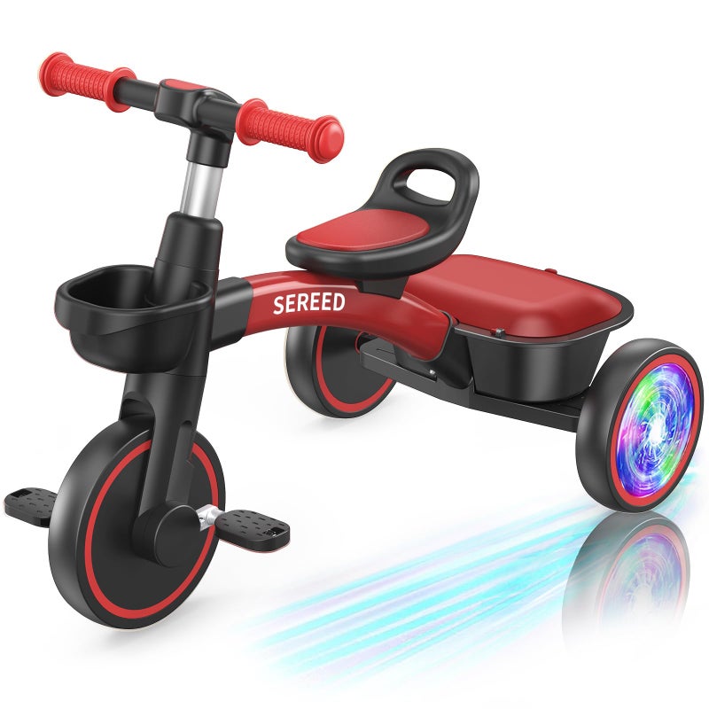 SEREED Colorful Lighting Toddler Tricycle for 25 Years Old Boys Girls Adjustable SeatHandlebar Trike Removable Basket Birthday Gift Idea for Kids Ages 2 Red Black - Image 3