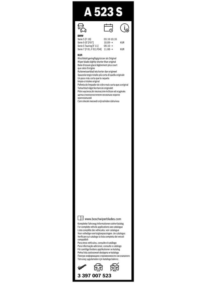 BOSCH Bosch Wiper Blade Aerotwin A523S, Length: 650mm/450mm – Set of Front Wiper Blades - Only for Left-Hand Drive (EU)  - Image 3