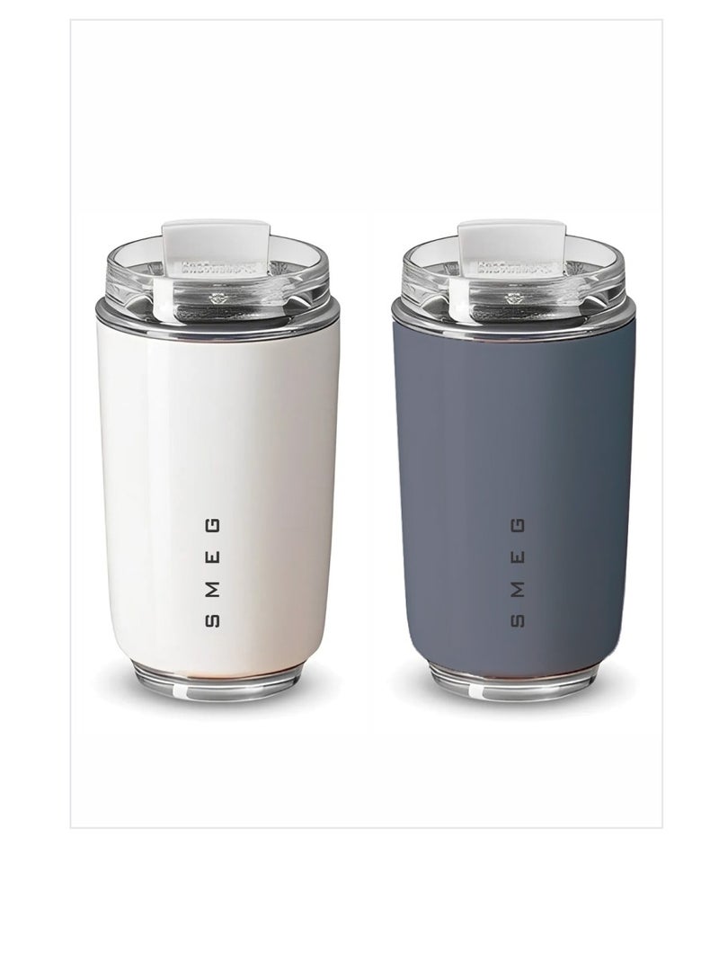 smeg كوب السفر، كوب قهوة معزول، كوب قهوة حراري من الفولاذ المقاوم للصدأ قابل لإعادة الاستخدام، حاوية مشروبات خفيفة ومحمولة للمكتب والسفر، (عبوة من 2 قطعة، 350 مل، أبيض ورمادي) - Image 1