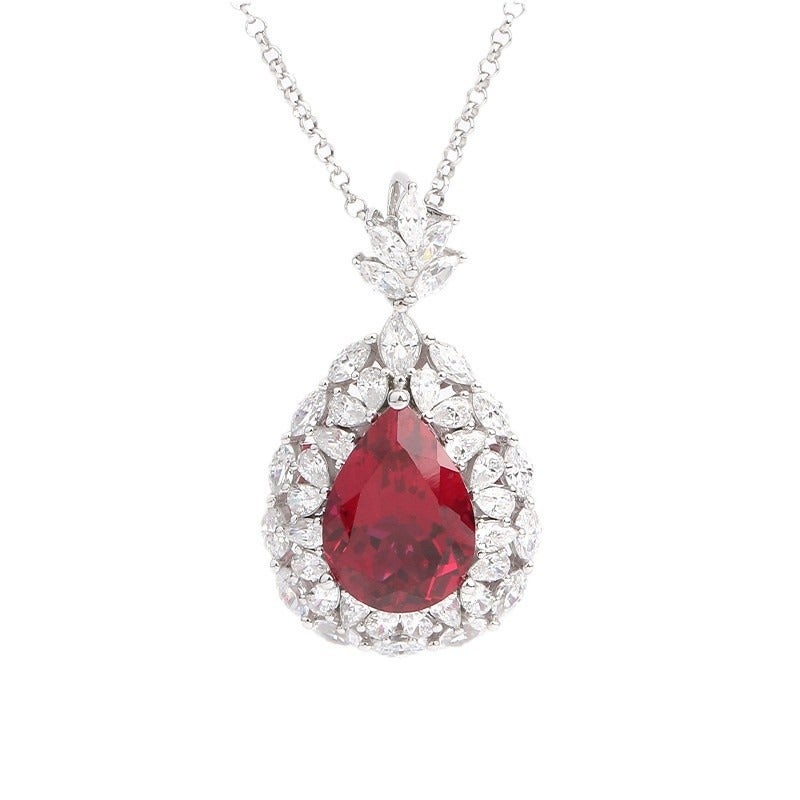 925 Silver Lab-Created Ruby Drop Necklace 10x14mm Elegant Women's Pendant Jewelry