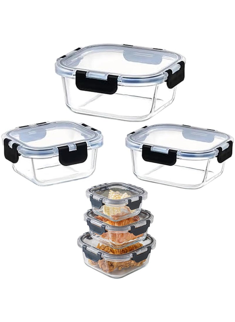 TYCOM Glass Meal Prep Containers (3 pcs Square) - Glass Food Storage Containers with Lids, Glass Lunch Box, Portion Control, Airtight, Glass Bento Box Lunch Containers- 3P Square Black  - Image 1
