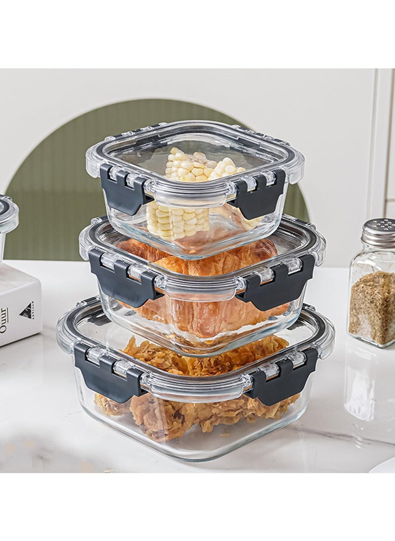 TYCOM Glass Meal Prep Containers (3 pcs Square) - Glass Food Storage Containers with Lids, Glass Lunch Box, Portion Control, Airtight, Glass Bento Box Lunch Containers- 3P Square Black  - Image 2