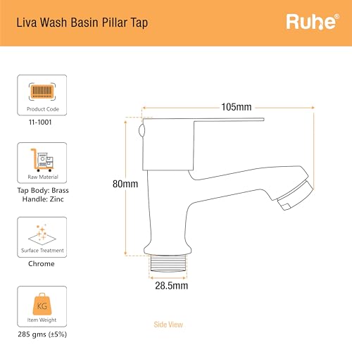 Ruhe® Liva Brass Faucet/Brass Tap | Pillar Cock Faucet/Tap with Chrome Finish for Bathroom Washbasins & Kitchen Sinks| Bathroom wash Basin tap - Image 2