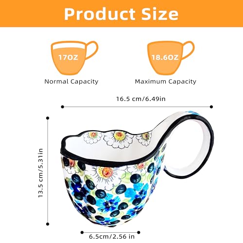 JUSONEY 18.6OZ Soup Bowls with Wide Handles,Handpainted Decorative Bowl,Soup Mug,Microwave Bowls,Ceramic Bowls perfect for Cereals,Soups,fruits,etc.(A) - Image 2