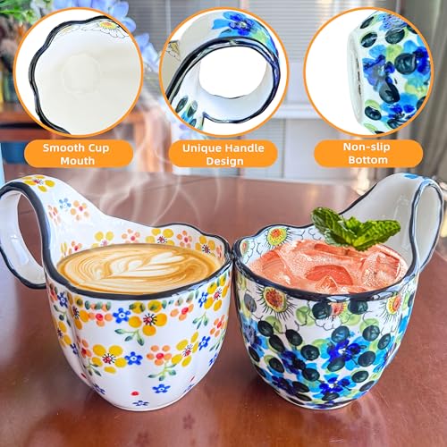 JUSONEY 18.6OZ Soup Bowls with Wide Handles,Handpainted Decorative Bowl,Soup Mug,Microwave Bowls,Ceramic Bowls perfect for Cereals,Soups,fruits,etc.(A) - Image 4