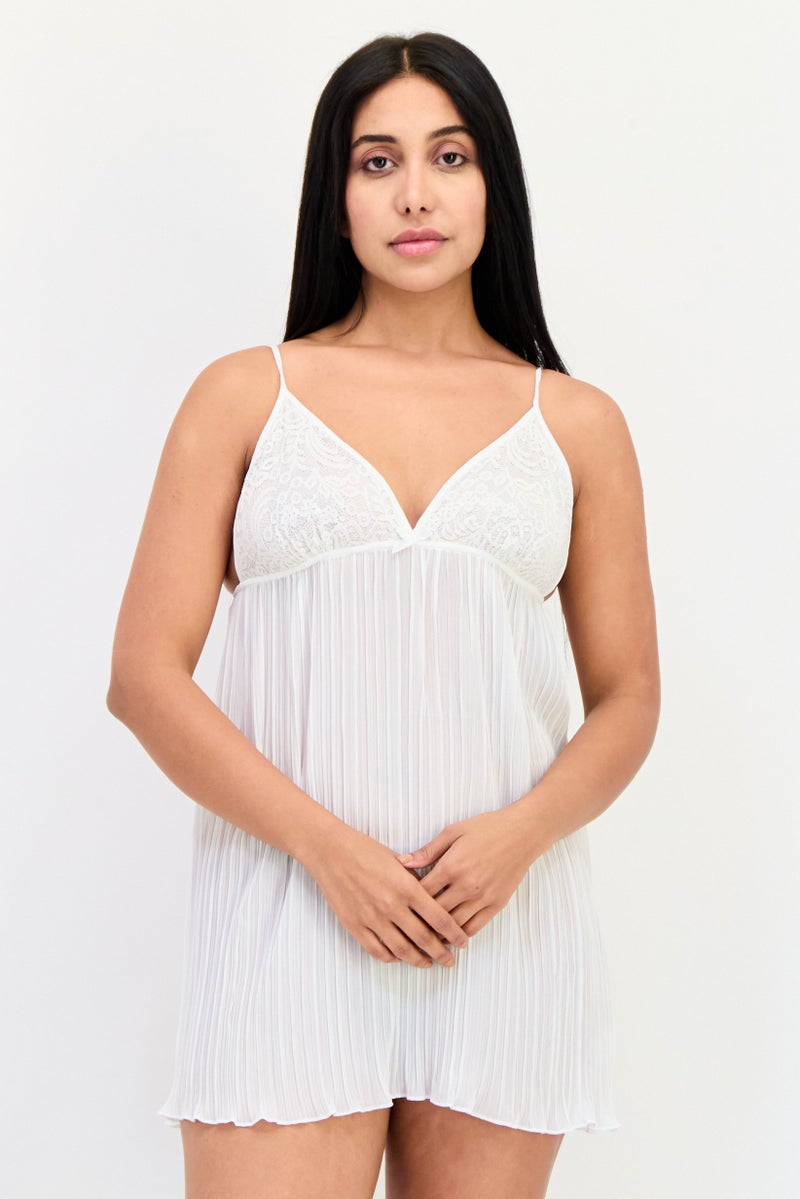 Flora Women V-Neck Textured Mini Nightwear, White  - Image 1