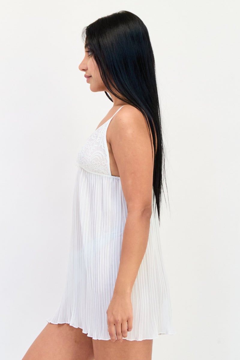 Flora Women V-Neck Textured Mini Nightwear, White  - Image 2