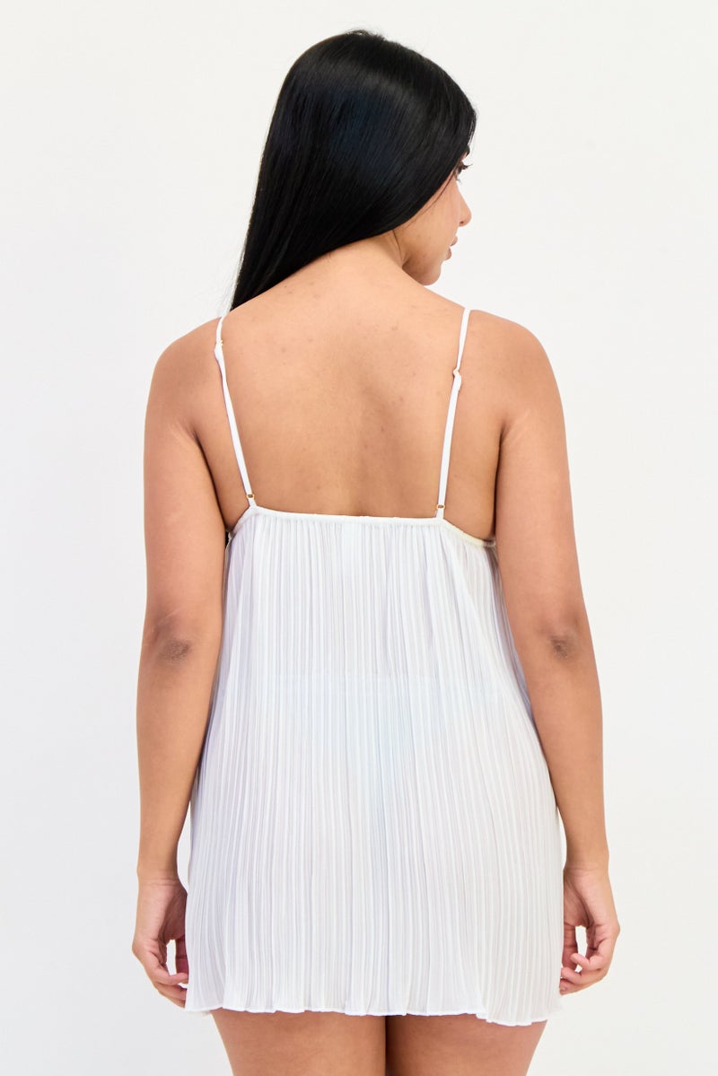 Flora Women V-Neck Textured Mini Nightwear, White  - Image 3