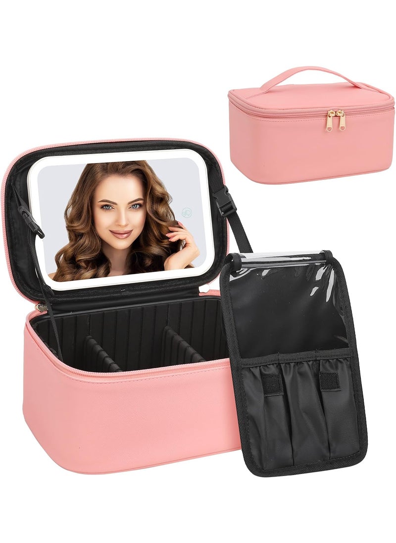 Relavel Relavel Makeup Bag with LED Mirror, Travel Cosmetic Bags Small Makeup Train Case Organizer for Women, Make Up Bags with Light Up Vanity Mirror with 3 Color Lights, Adjustable Dividers (Pink) 