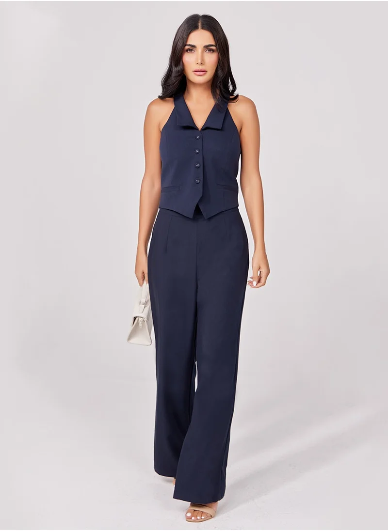Zigzag Flared Leg Formal Navy Blue Pant