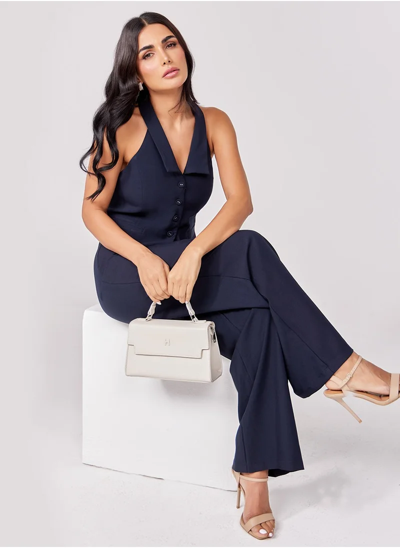 Zigzag Flared Leg Formal Navy Blue Pant