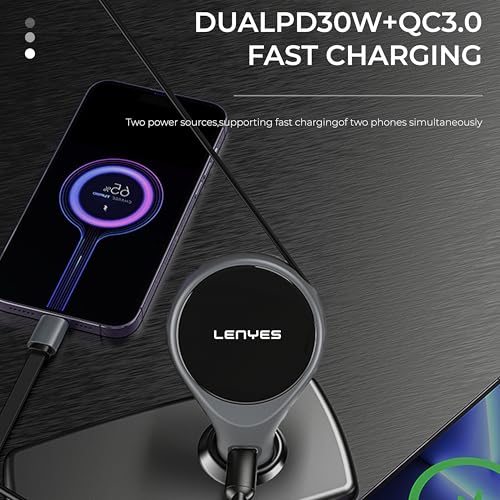 Lenyes CA820 60W Car Charger | Dual Output with 80cm Retractable Type-C Cable | 30W PD Fast Charging | 2-in-1 Adapter for Type-C Devices | Compact Car Accessory (Gray) - Image 5