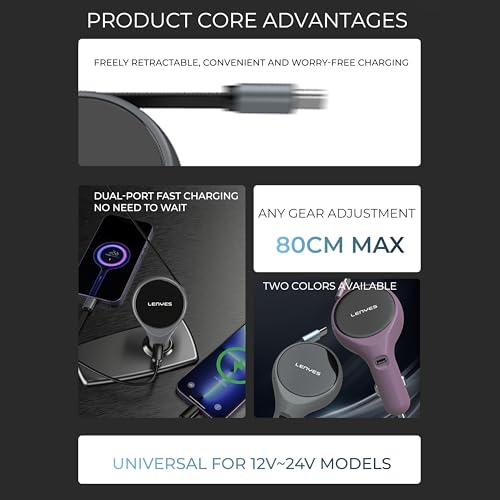 Lenyes CA820 60W Car Charger | Dual Output with 80cm Retractable Type-C Cable | 30W PD Fast Charging | 2-in-1 Adapter for Type-C Devices | Compact Car Accessory (Gray) - Image 3