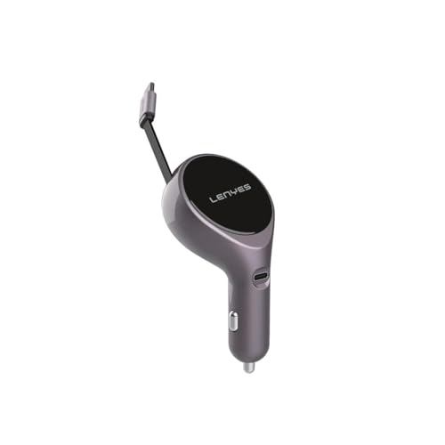 Lenyes CA820 60W Car Charger | Dual Output with 80cm Retractable Type-C Cable | 30W PD Fast Charging | 2-in-1 Adapter for Type-C Devices | Compact Car Accessory (Gray) - Image 1