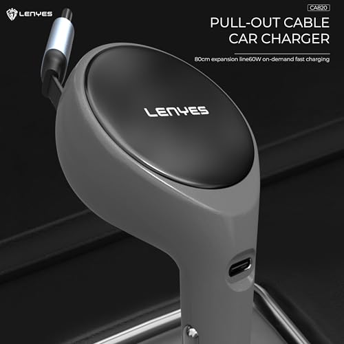 Lenyes CA820 60W Car Charger | Dual Output with 80cm Retractable Type-C Cable | 30W PD Fast Charging | 2-in-1 Adapter for Type-C Devices | Compact Car Accessory (Gray) - Image 2