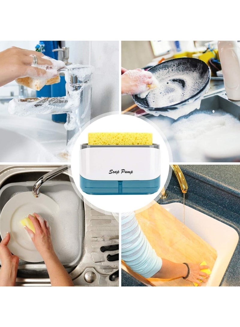 هياس موزع صابون أطباق المطبخ مع حامل إسفنجة، مضخة صابون 2 في 1 مع إسفنجة، موزع صابون اليد السائل لغسل الأطباق للحمام والمطبخ - تتضمن الإسفنجة | 350 مل - Image 2