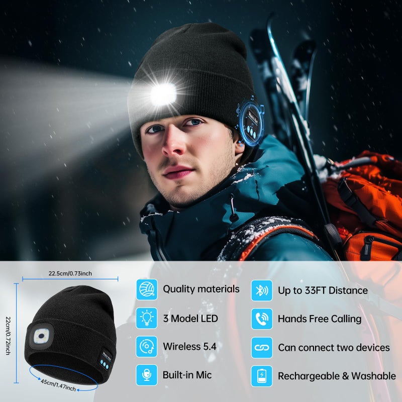 MUSIC LED Beanie Hat with Bluetooth, Rechargeable Hat with 3-Mode Headlamp & Hands-Free Calling,Warm Knit Cap for Men and Women, Ideal for Outdoor Night Activities - Image 2
