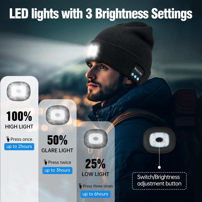 MUSIC LED Beanie Hat with Bluetooth, Rechargeable Hat with 3-Mode Headlamp & Hands-Free Calling,Warm Knit Cap for Men and Women, Ideal for Outdoor Night Activities - Image 3