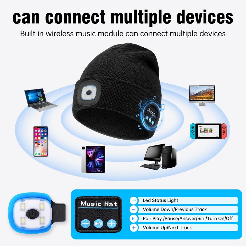 MUSIC LED Beanie Hat with Bluetooth, Rechargeable Hat with 3-Mode Headlamp & Hands-Free Calling,Warm Knit Cap for Men and Women, Ideal for Outdoor Night Activities - Image 4