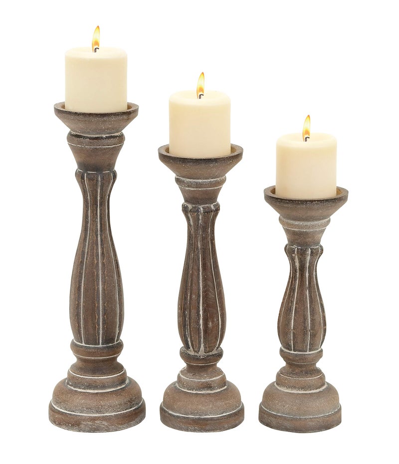 Deco 79 Wooden Decorative Candle Holder Candle Stand, Set of 3 Candlestick Holder 15", 13", 11"H, Brown - Image 2