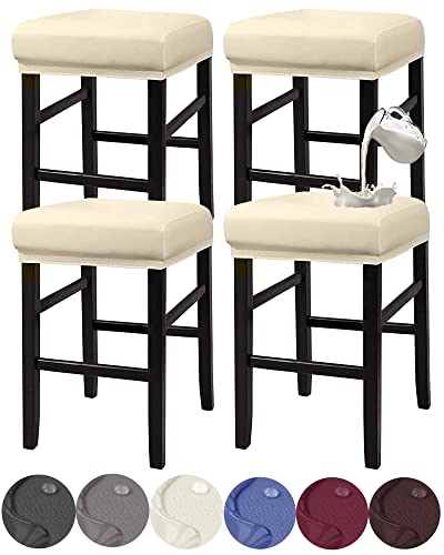 HFCNMY Stool Covers Rectangle, Stretch Waterproof PU Rectangle Bar Stool Covers Vanity Stool Cover Washable Counter Stool Covers Saddle Seat Cover with Elastic Bands(4 Pack,Beige) - Image 1