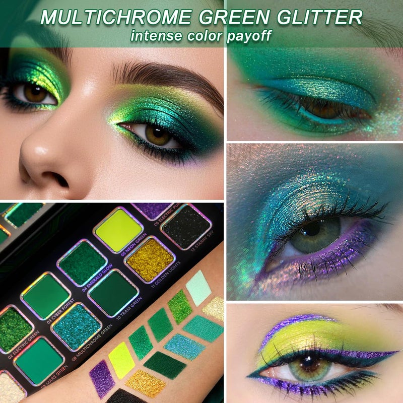 Afflano Multichrome Green Eyeshadow Palette, Color-Shifting Emerald Green Glitter Eyeshadow Pallet, Yellow Lime Teal Chrome Eye Shadow Palette for Women Blue Brown Eyes Makeup Party Daily Goth Look - Image 4