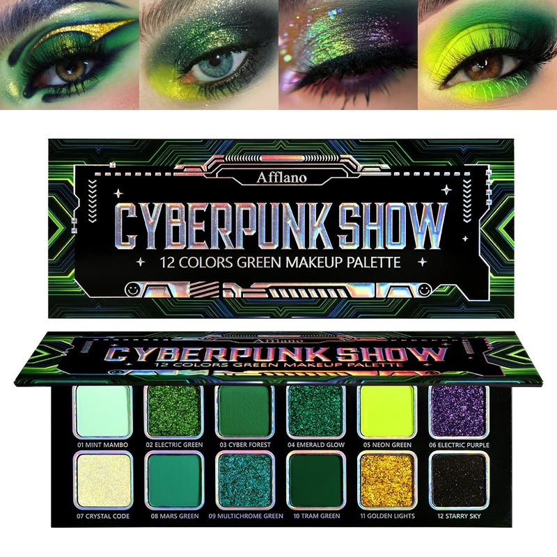 Afflano Multichrome Green Eyeshadow Palette, Color-Shifting Emerald Green Glitter Eyeshadow Pallet, Yellow Lime Teal Chrome Eye Shadow Palette for Women Blue Brown Eyes Makeup Party Daily Goth Look - Image 1