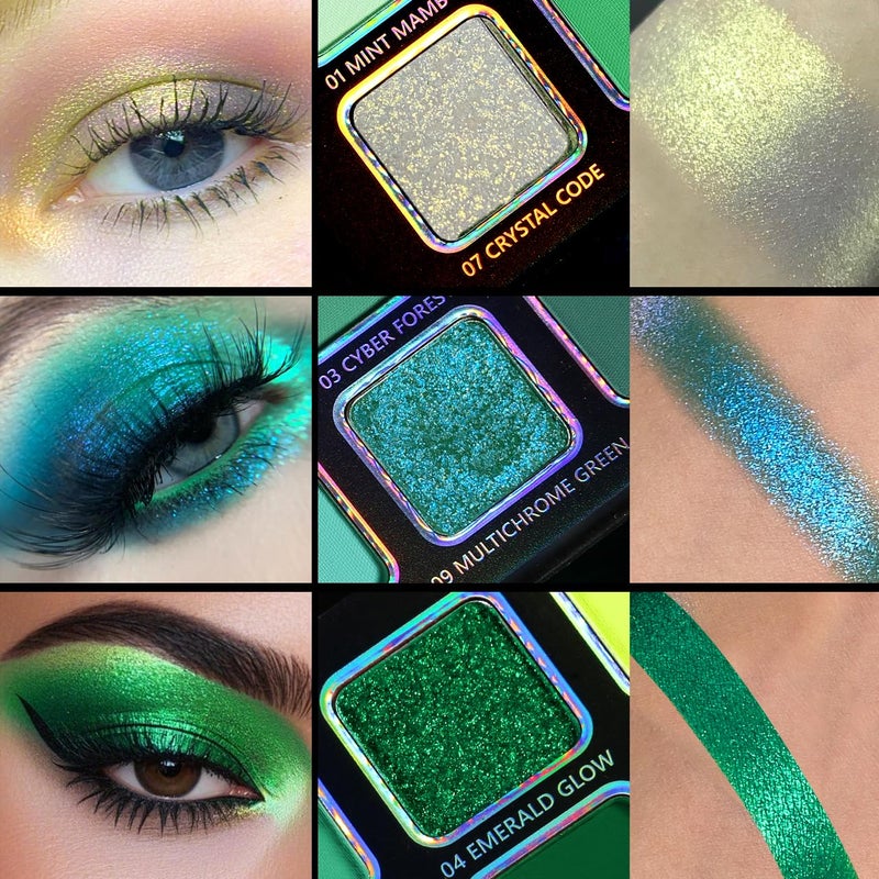 Afflano Multichrome Green Eyeshadow Palette, Color-Shifting Emerald Green Glitter Eyeshadow Pallet, Yellow Lime Teal Chrome Eye Shadow Palette for Women Blue Brown Eyes Makeup Party Daily Goth Look - Image 3