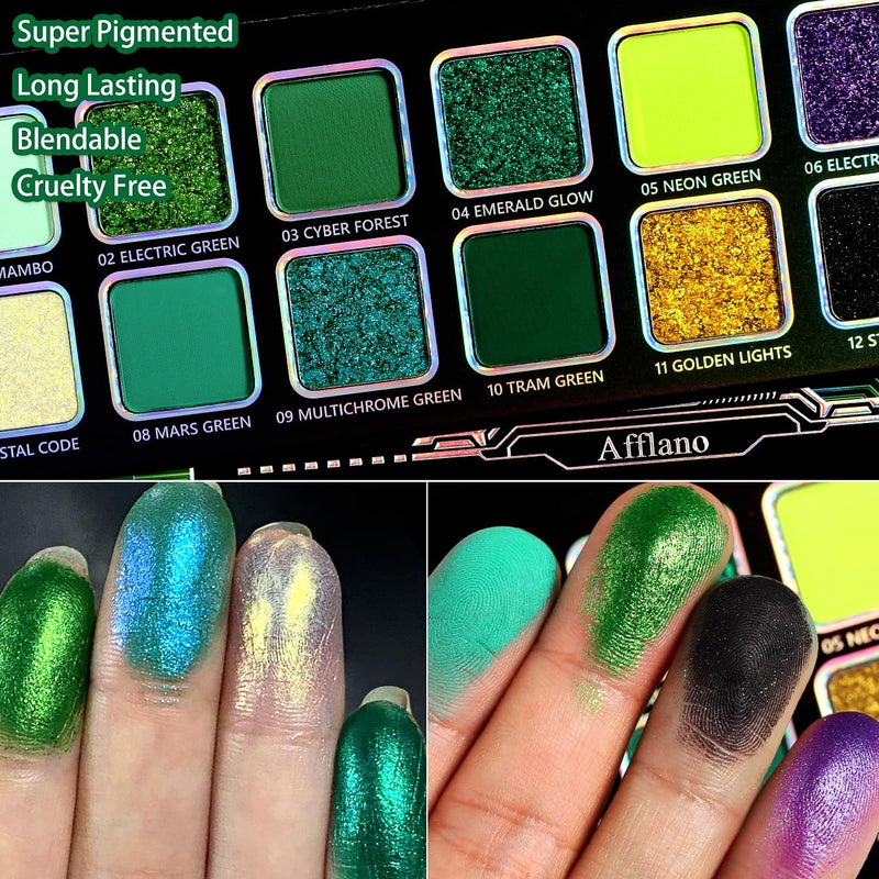 Afflano Multichrome Green Eyeshadow Palette, Color-Shifting Emerald Green Glitter Eyeshadow Pallet, Yellow Lime Teal Chrome Eye Shadow Palette for Women Blue Brown Eyes Makeup Party Daily Goth Look - Image 5