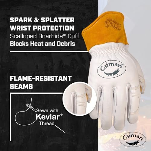 Caiman Premium Goat Grain TIG/MIG Welding Gloves with Wool Insulated Back, Scalloped Cuff, Boarhide Palm, Unlined, Reinforced Thumb, Kevlar, Kontour Design, White/Gold, Large (1871-5) - Image 5