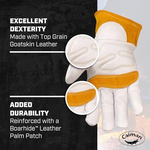 Caiman Premium Goat Grain TIG/MIG Welding Gloves with Wool Insulated Back, Scalloped Cuff, Boarhide Palm, Unlined, Reinforced Thumb, Kevlar, Kontour Design, White/Gold, Large (1871-5) - Image 3