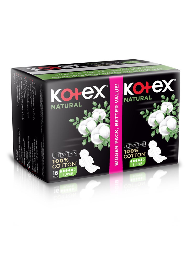 Kotex فوط كوتيكس الطبيعية فائقة النحافة، فوط قطنية 100%، فوط صحية بحجم كبير مع أجنحة، 16 فوطة صحية - Image 1