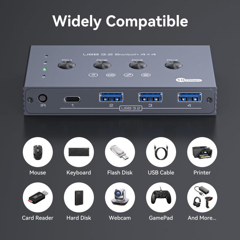 TJCXELE USB 3.2 Switch Selector 4 Computers Share 1 USBC & 3 USBA Devices 10Gbps 4 Port USB Switcher Sharing Keyboard Mouse Printer Scanner with Cable and Remote Control and a dapter-10.7CM - Image 5