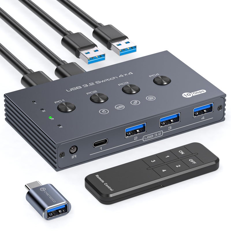 TJCXELE USB 3.2 Switch Selector 4 Computers Share 1 USBC & 3 USBA Devices 10Gbps 4 Port USB Switcher Sharing Keyboard Mouse Printer Scanner with Cable and Remote Control and a dapter-10.7CM - Image 1