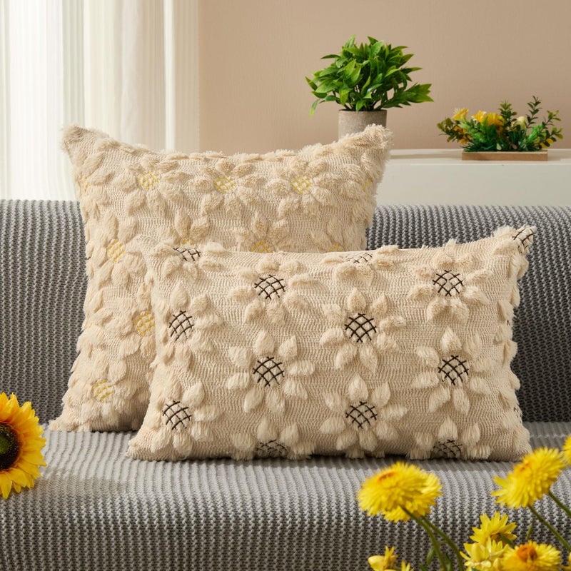 DFXSZ Spring Summer Pillow Covers 12x20 inch Spring Decoration Brown Embroidered Beige Sunflowers Decor Soft Plush Faux Fur Jacquard Throw Pillows for Sofa Holiday Home Decor PTK038S12 - Image 2