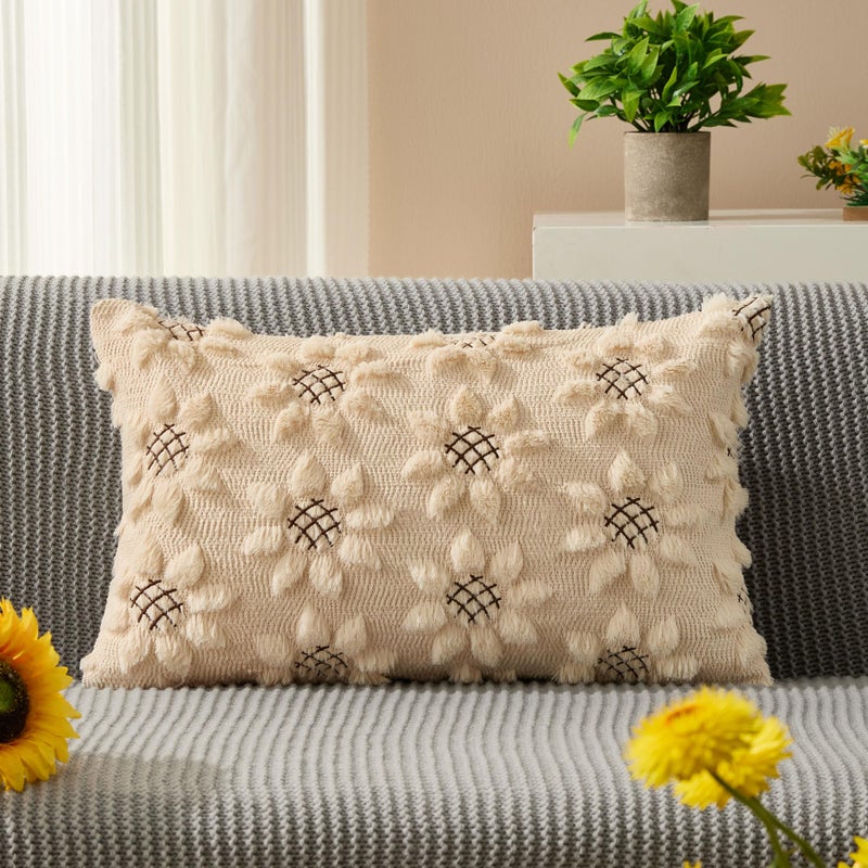 DFXSZ Spring Summer Pillow Covers 12x20 inch Spring Decoration Brown Embroidered Beige Sunflowers Decor Soft Plush Faux Fur Jacquard Throw Pillows for Sofa Holiday Home Decor PTK038S12 - Image 1
