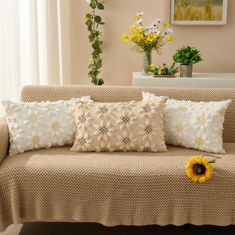 DFXSZ Spring Summer Pillow Covers 12x20 inch Spring Decoration Brown Embroidered Beige Sunflowers Decor Soft Plush Faux Fur Jacquard Throw Pillows for Sofa Holiday Home Decor PTK038S12 - Image 5