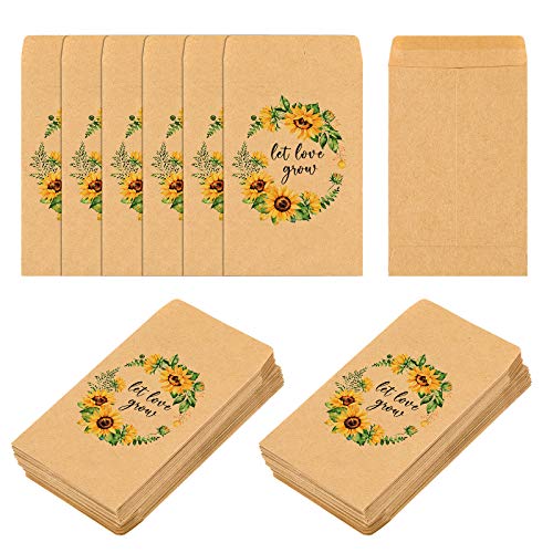CINPIUK Wedding Favor Seed Packets, 100PCS Let Love Grow Self Adhesive Seed Packets Retro Kraft Envelopes Seeds Storage Paper Packets for Rustic Sunflower Wedding Baby Shower Favors - Image 1