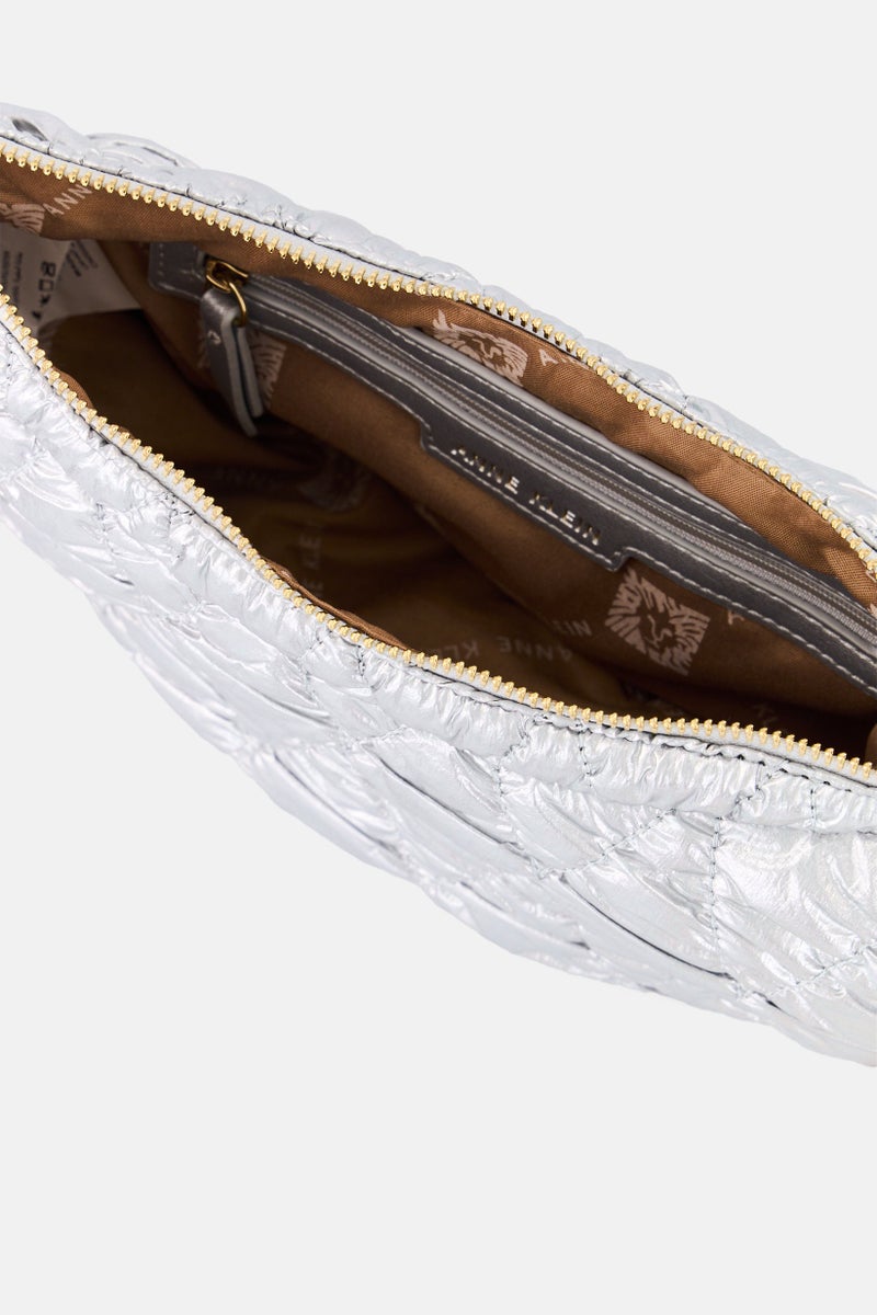 ANNE KLEIN Women Quilted Half Moon Cross Body Bag, Silver - Image 3