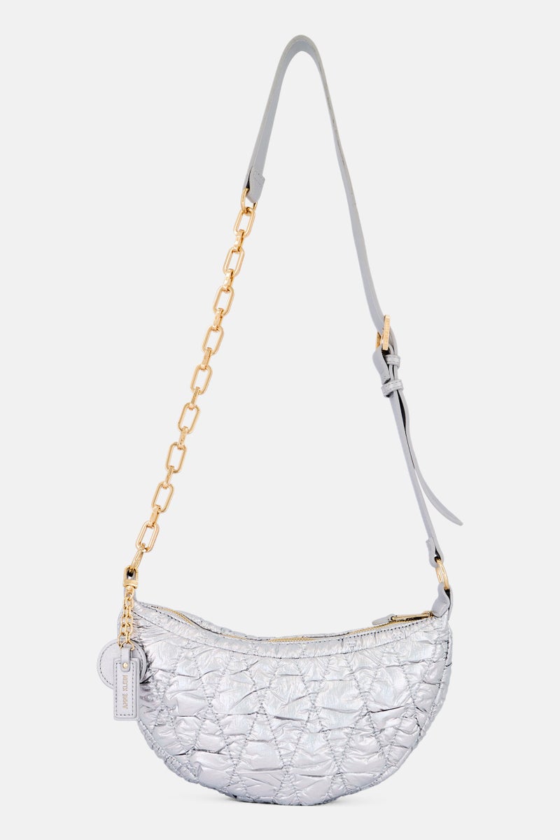 ANNE KLEIN Women Quilted Half Moon Cross Body Bag, Silver - Image 1