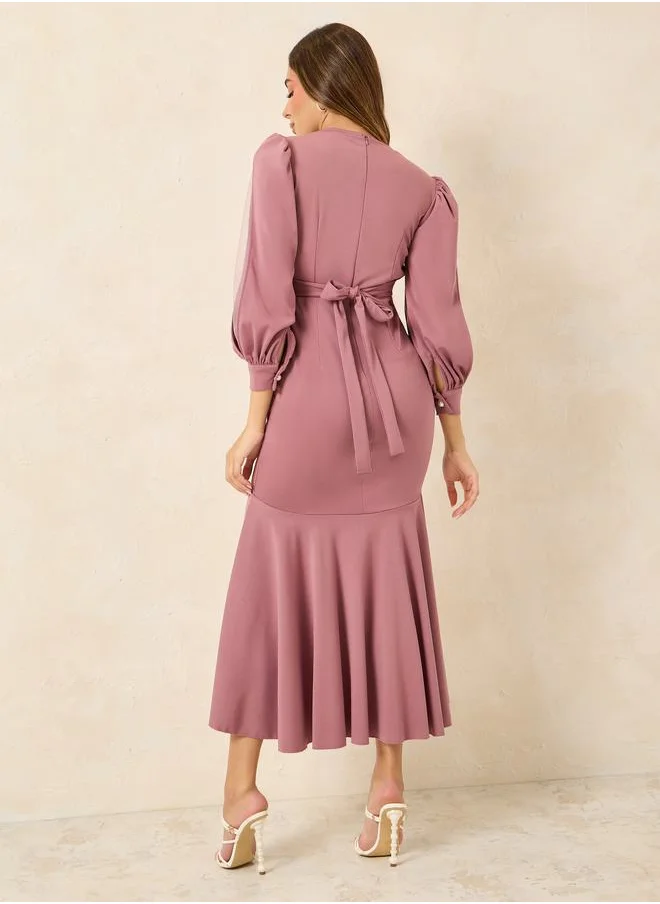 ستايلي Frill Hem Mesh Insert Wrap Maxi Dress